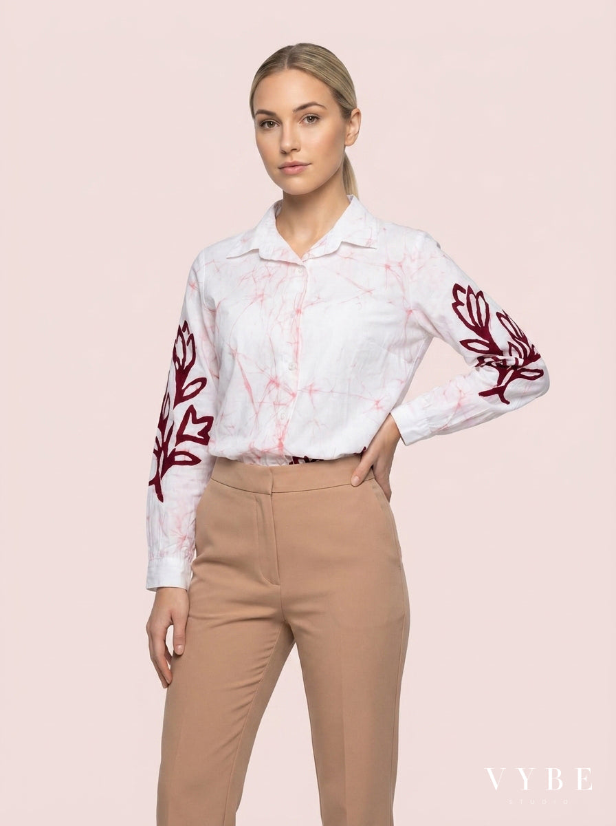 White / Burgundy Floral Batik Shirt