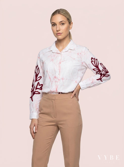 White / Burgundy Floral Batik Shirt