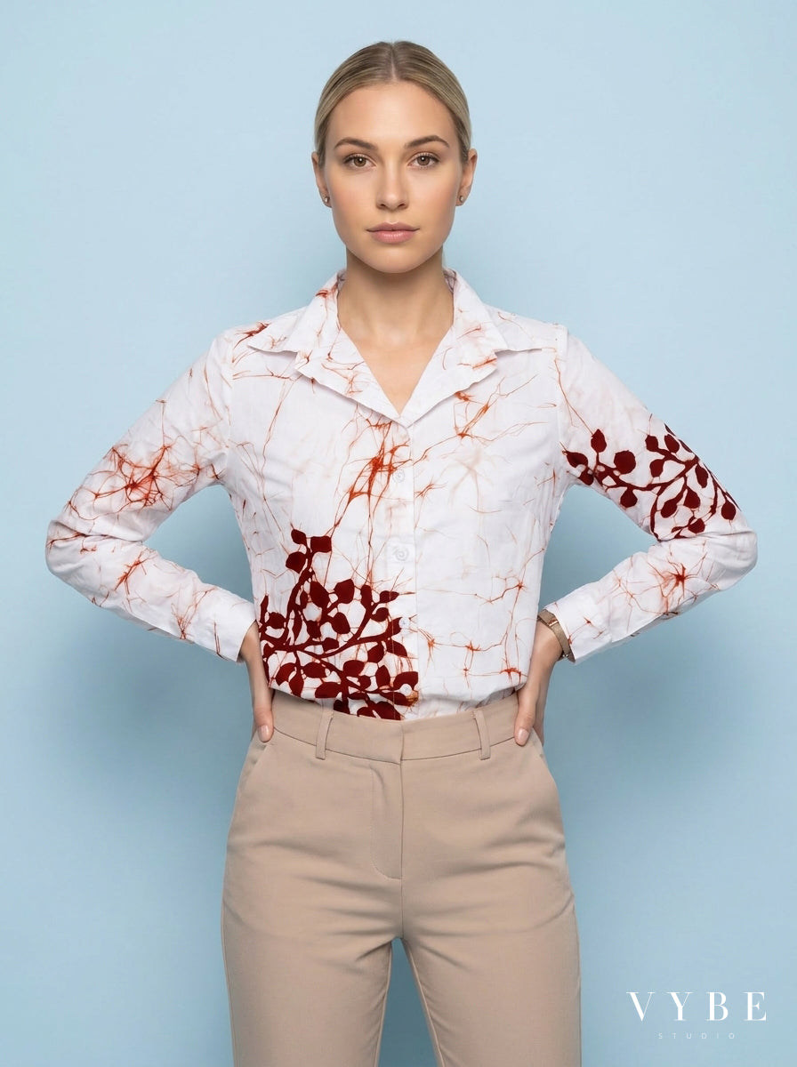White / Rust Botanical Batik Shirt