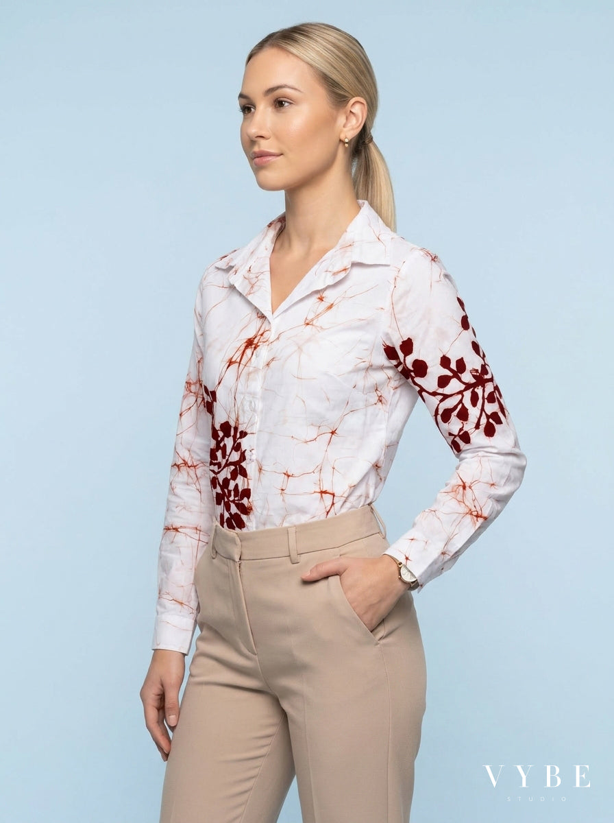 White / Rust Botanical Batik Shirt