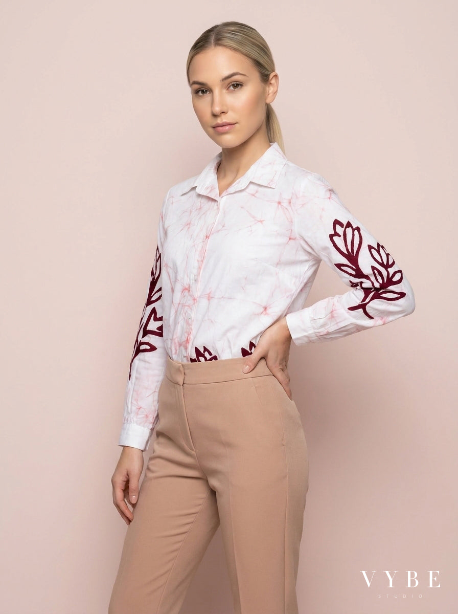 White / Burgundy Floral Batik Shirt