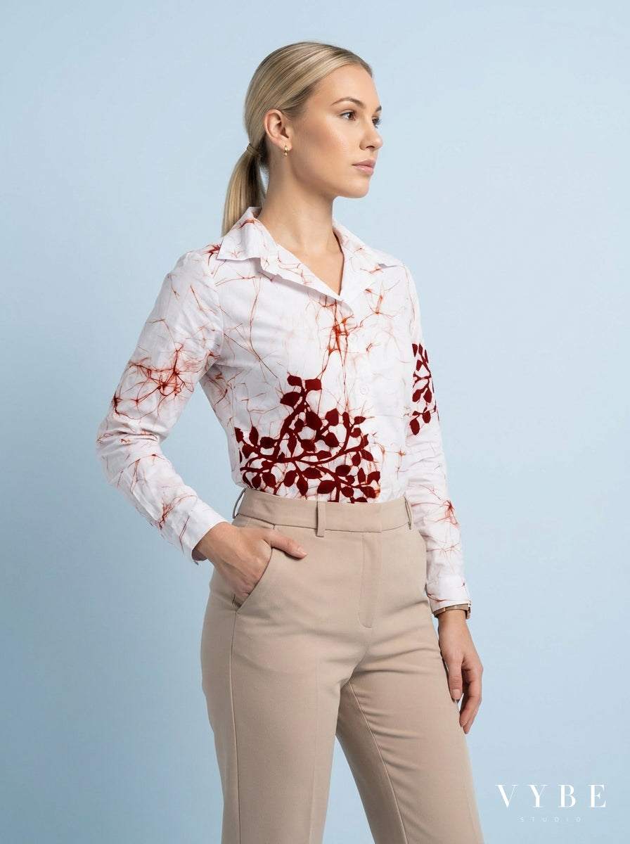 White / Rust Botanical Batik Shirt