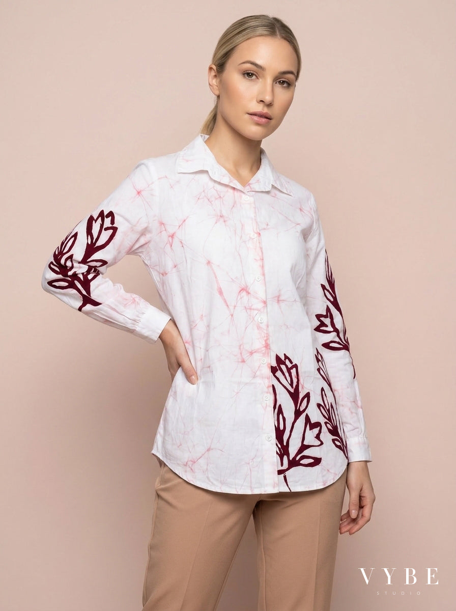 White / Burgundy Floral Batik Shirt