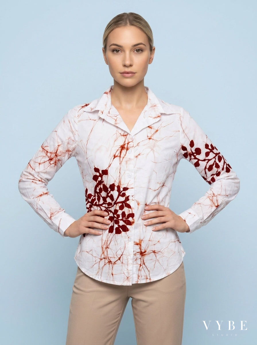 White / Rust Botanical Batik Shirt