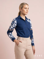 Elegant women’s boutique officewear in navy batik design