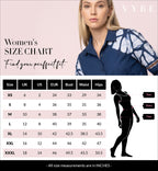 Size chart for women's clothing with a model wearing a blue and white patterned shirt, and 'VYBE' branding.