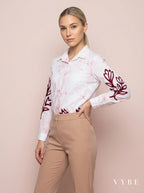 White and burgundy floral workwear fashion shirt